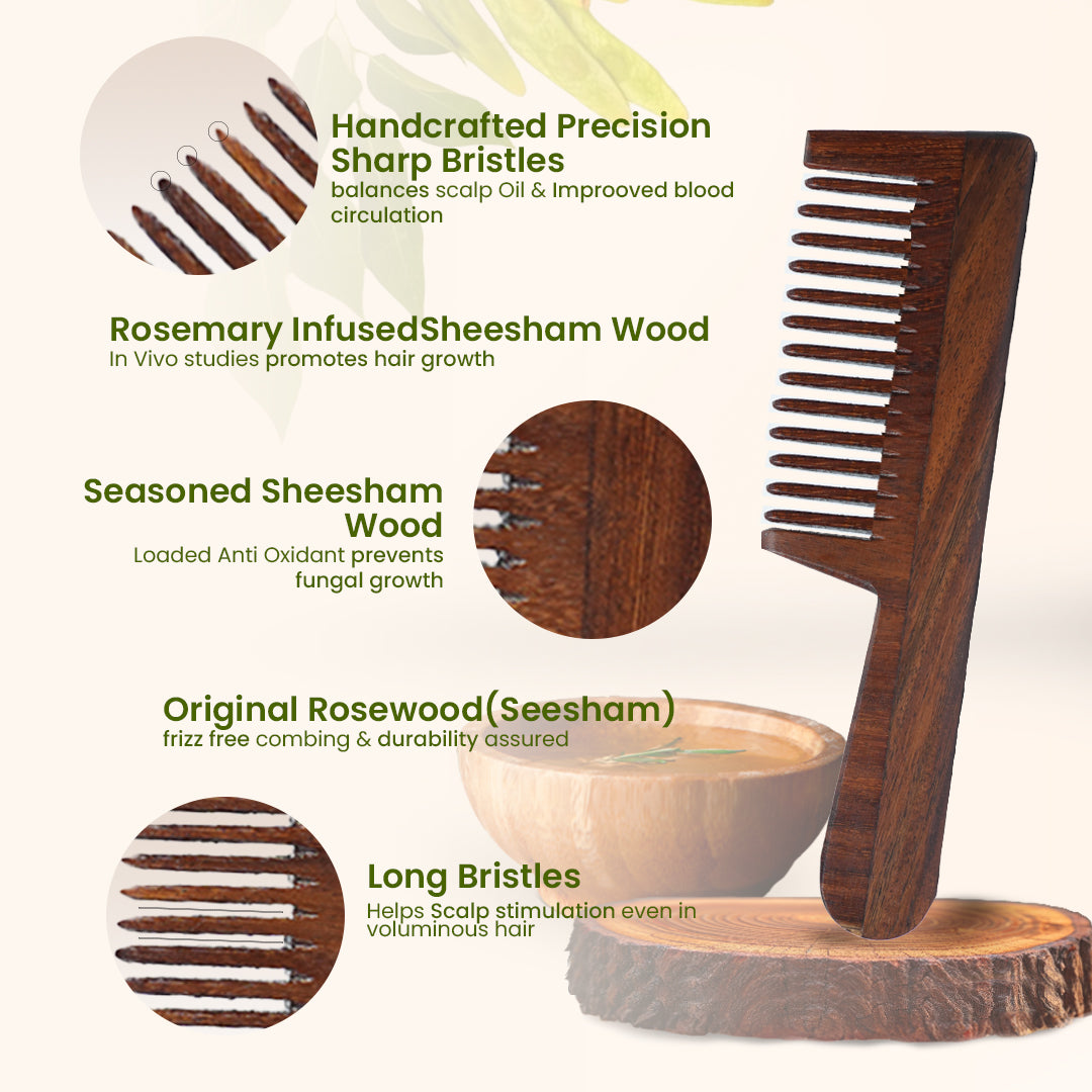 Organic B Indian Rosewood Straight Handle Wide Tooth Comb |Rosemary Infused