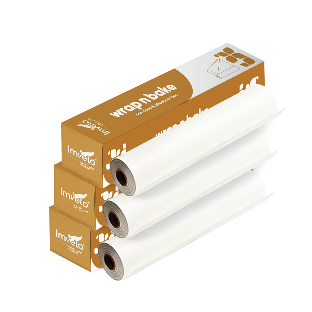 Imvelo Wrap n Bake Paper Roll | 20 Mtr | Non - Sticky & Oil Proof Butter Paper | Food - Safe & Chemical Free | Foil Paper for Food Wrap | Microweable & Oven Safe | Wrapping and Baking Paper