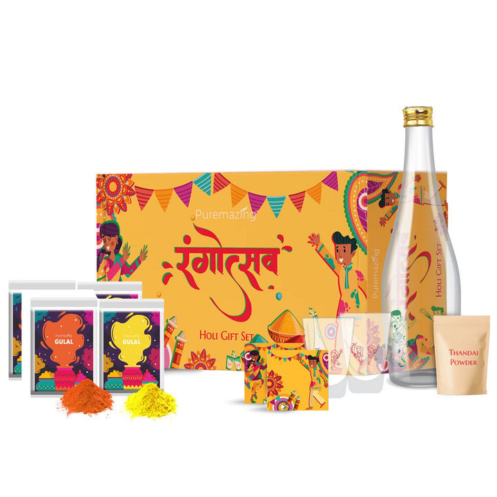 Puremazing Rangotsav Holi Gift Hamper Set - 4 Herbal Gulal Colours, 2 Glasses, 1 Bottle & 2 Coasters, Organic Holi Colour - Holi Gift Set for Family & Employees - Assorted Holi Colors