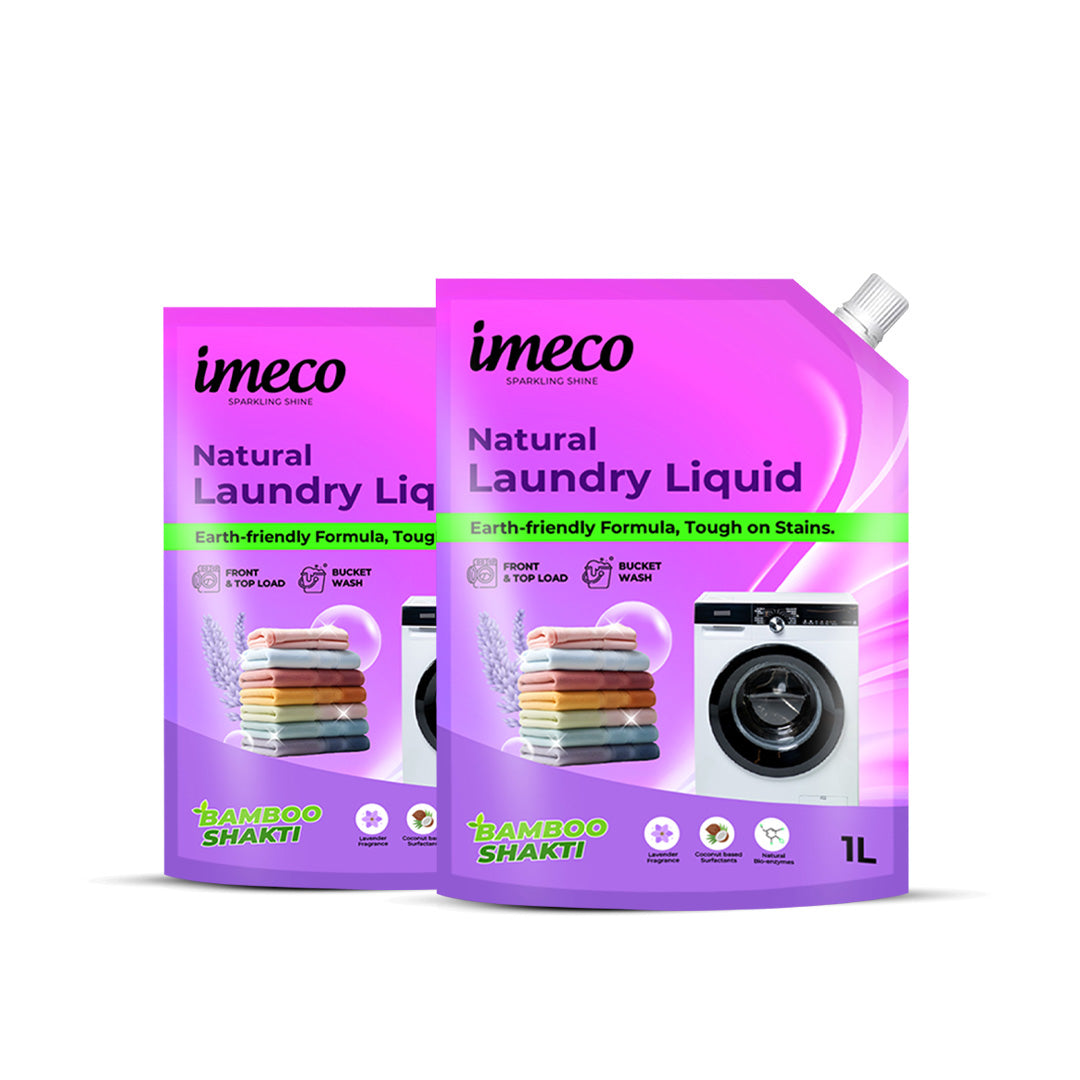IMECO Bamboo Shakti Natural Detergent Liquid 1 Liter (Pouch) - Coconut & Lavender Fragrance - Designed to Remove Dried Stains