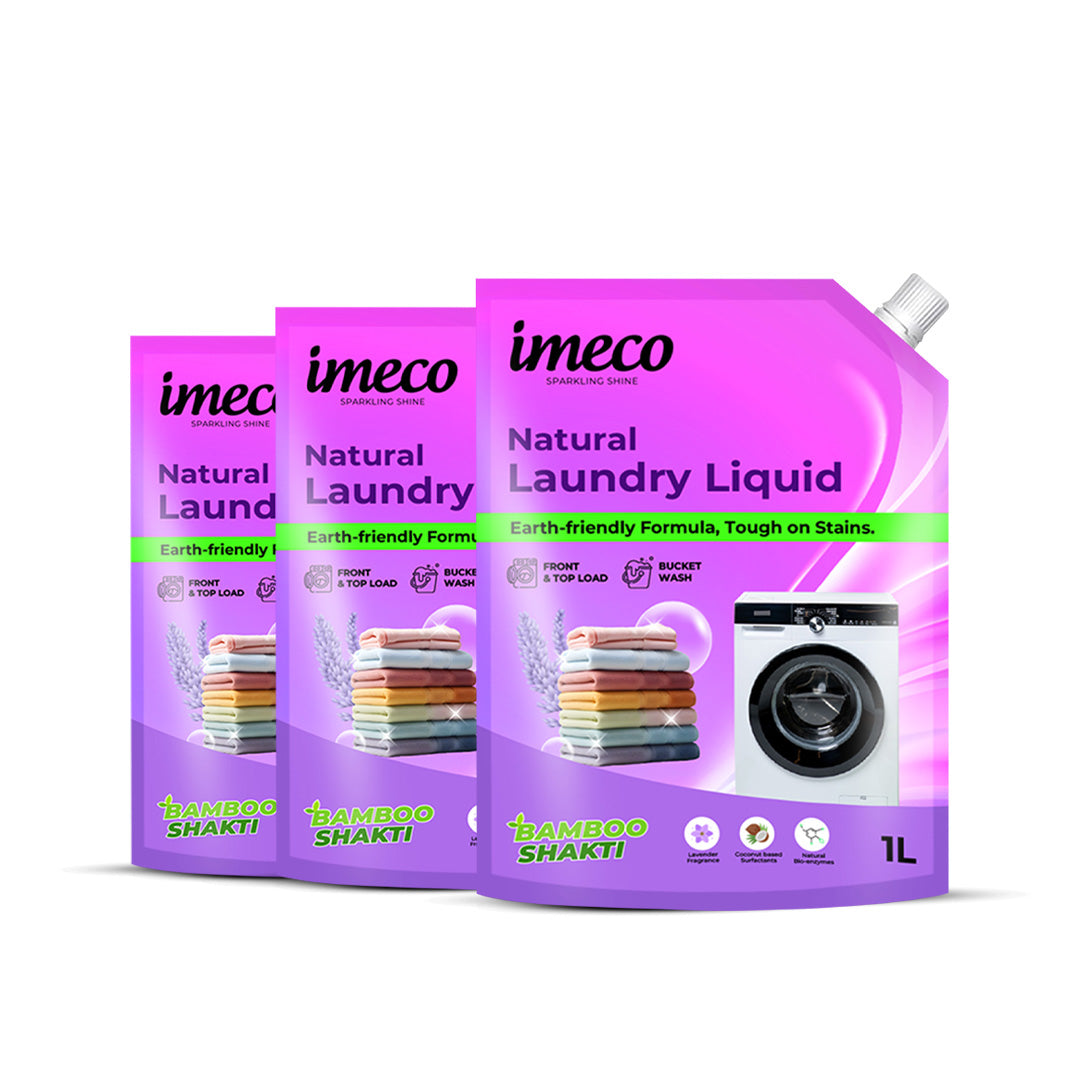 IMECO Bamboo Shakti Natural Detergent Liquid 1 Liter (Pouch) - Coconut & Lavender Fragrance - Designed to Remove Dried Stains