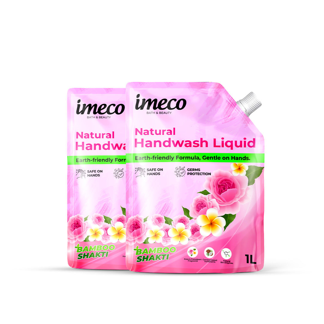 IMECO Bamboo Shakti Bath & Beauty Natural Hand Wash 1 Liter (Pouch) - pH Neutral - No Toxic Effluents, Removes Odors, 99.9% Germs Protection