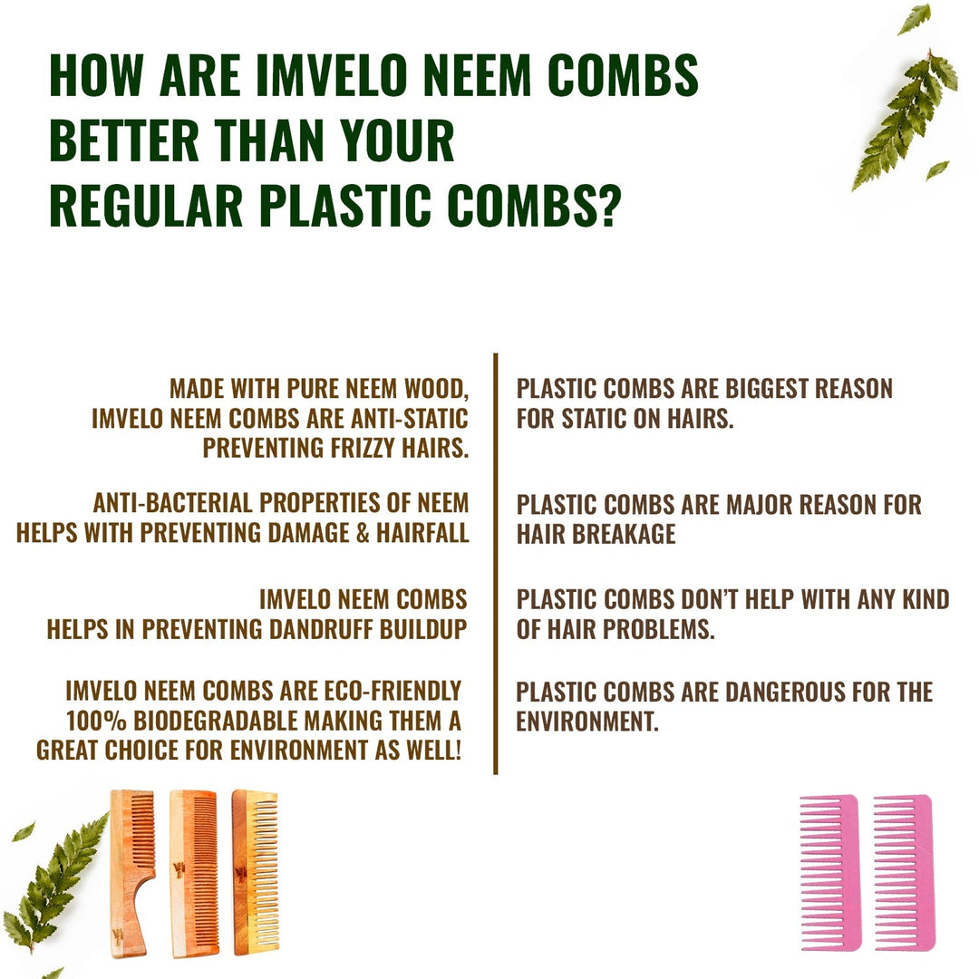 Imvelo Neem Comb Set for Women & Men - Wooden Comb for Women Hair Growth, Anti Hairfall, Dandruff Remover Comb, Hair Comb for Men - Frizz Control, Straightener Combs