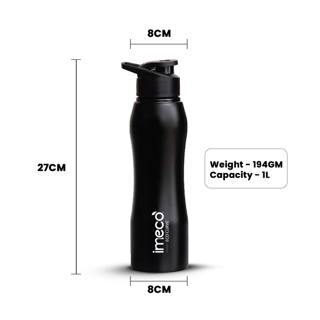 IMECO ECO-CURVE Stainless Steel Water Bottle 1 Litre - Leakproof, Rust-Free, & BPA-Free - Ideal for Gym, Office, School & Travel