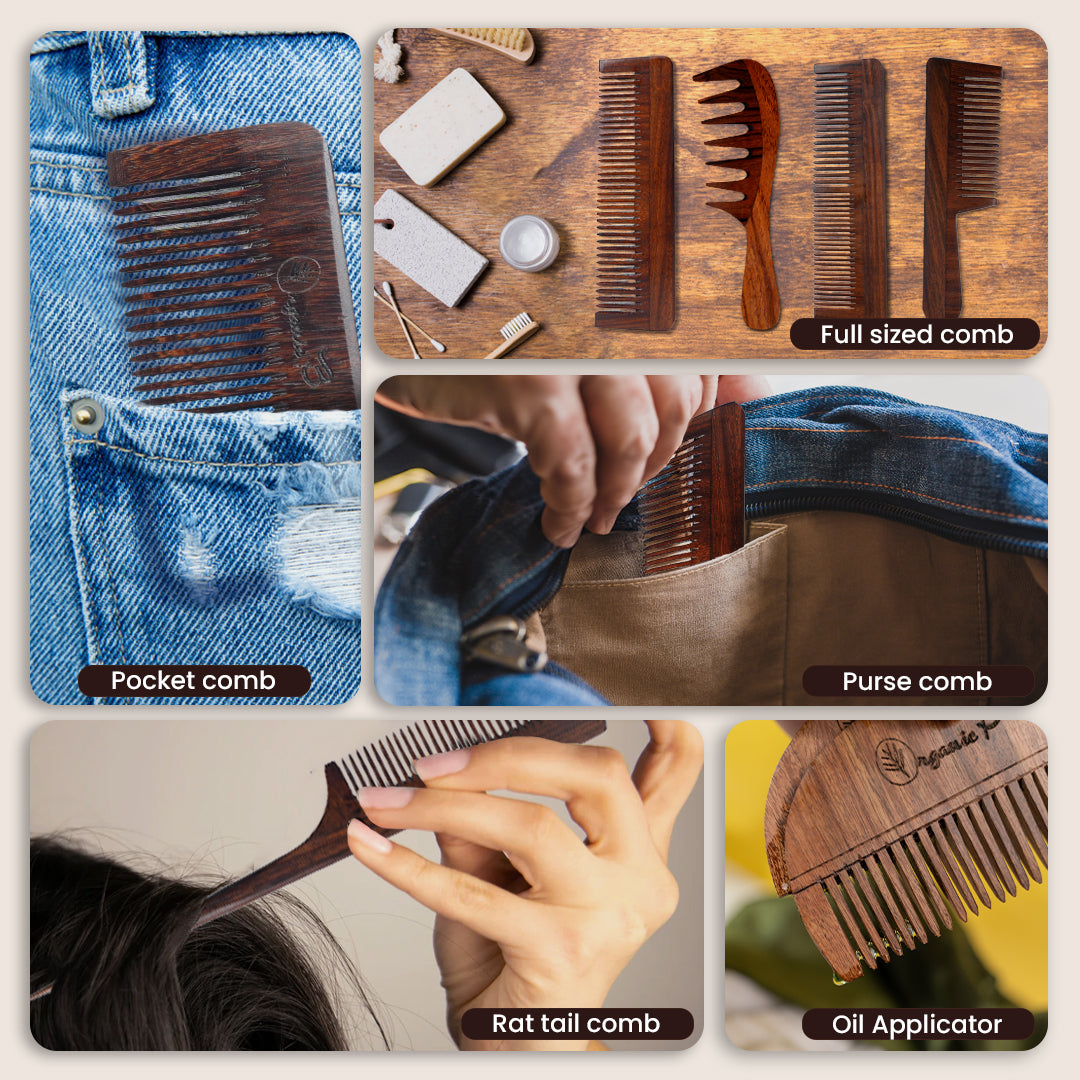 Organic B Indian Rosewood Straight Handle Wide Tooth Comb |Rosemary Infused