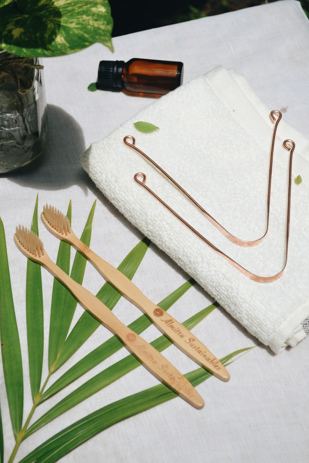 Almitra Sustainables Oral Care Set – Bamboo Bristle Toothbrush and Copper Tongue Cleaner (Pack of 2)