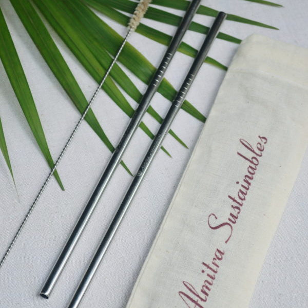 Almitra Sustainables Stainless Steel straw (Straight) Pack of 2 with 1 Cleaner
