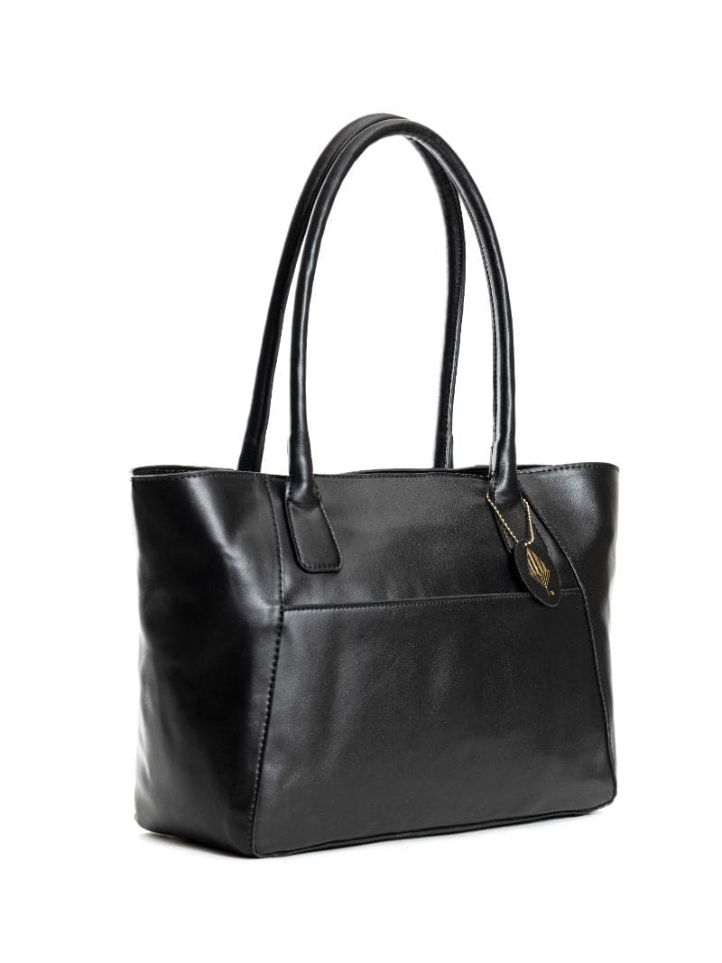 Athena black plant-based leather tote bag angled view showcasing structured silhouette and refined detailing
