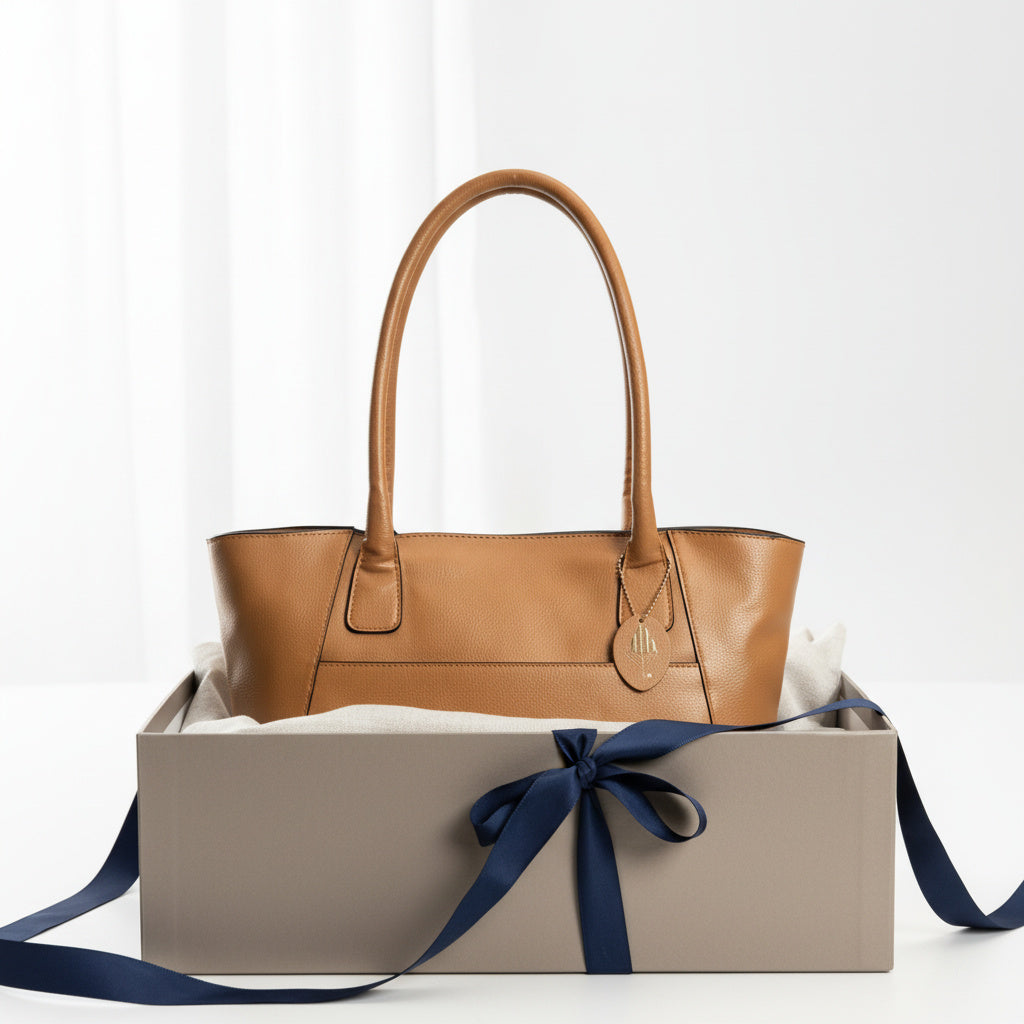 Athena caramel plant-based leather tote bag presented in a minimal gift box highlighting premium gifting appeal