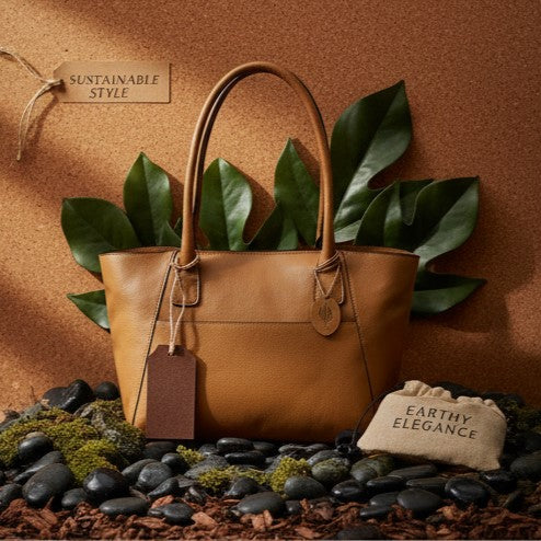 Athena caramel plant-based leather tote bag displayed with natural elements highlighting sustainable materials and craftsmanship