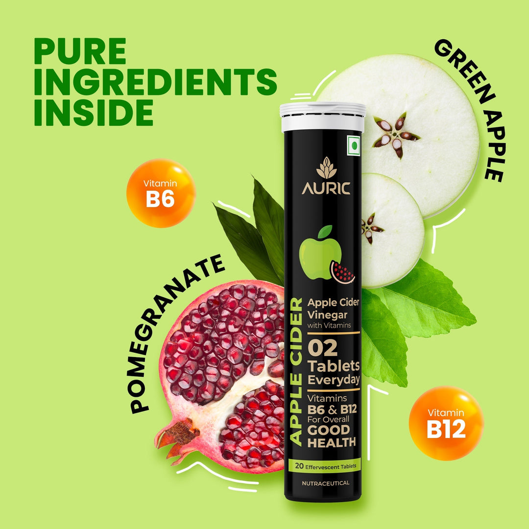 Auric Apple Cider Vinegar Vitamins | 20 Acv Tablets Vitamin B6 & B12 In Every Tube | Weight Loss & Metabolism Benefits | Supports Digestion,Bloating Relief & Gut Health Men & Women - Suspire