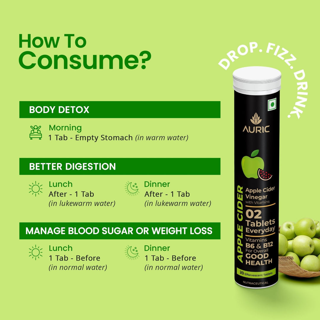 Auric Apple Cider Vinegar Vitamins | 20 Acv Tablets Vitamin B6 & B12 In Every Tube | Weight Loss & Metabolism Benefits | Supports Digestion,Bloating Relief & Gut Health Men & Women - Suspire