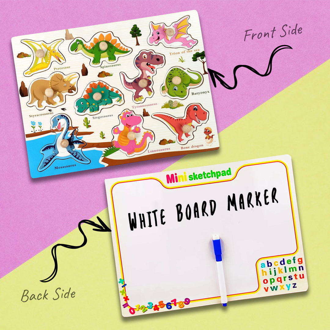 Wudly Toys Wooden Knob & Marker Puzzle Board | Alphabet, Numbers, Animals & Fruits