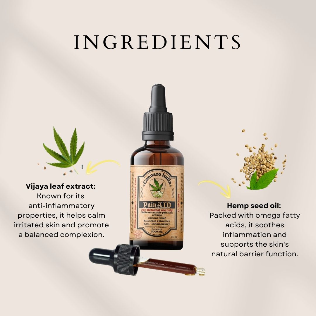 CannazoIndia® Pain Aid - Pain Relief Ayurvedic Oil | 15ml - 3000mg | Premium Medicine For Heavy Pain, Arthritis, Joint Pain |100% Natural Wellness, Vijaya Leaf Extract + Hemp Seed Oil
