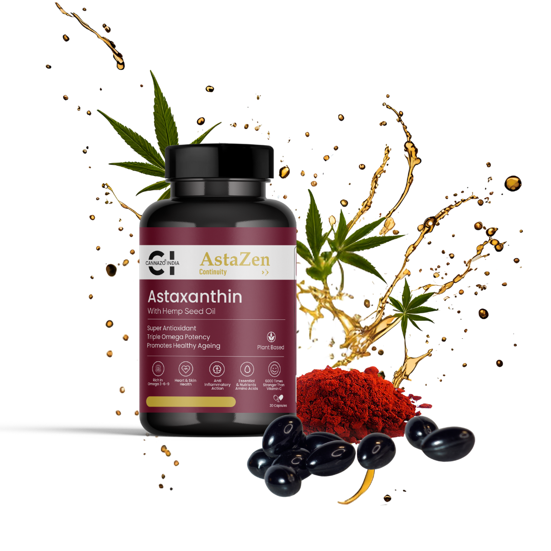 CannazoIndia® Astazen - 500mg - 30 Softgels | Powerful Antioxidants Supplements with Astaxanthin & Hemp Seed Oil | Omega-3, 6, 9 | Healthy Heart & Skin Enhancer, Age Defying | 100% Natural Wellness