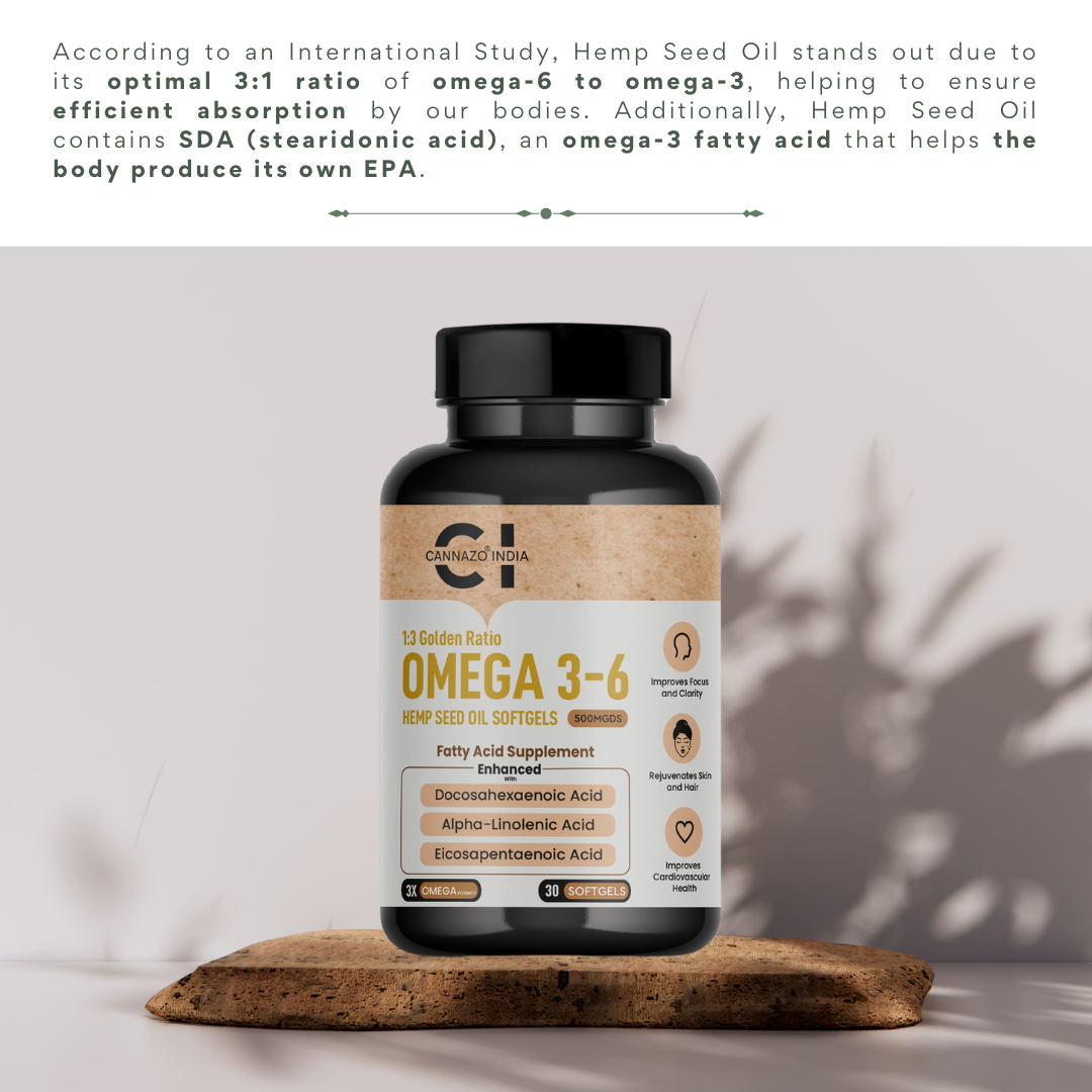 CannazoIndia® Omega-3, 6 | Hemp Seed Oil Softgels - 500mgds - 30 Softgels | Strong Health of Heart Hair Skin | Best Daily Supplement, Rich Source of Vitamins & Amino Acids | 100% Organic Pure Cold Pressed | Plant-Based Alternative to Fish Oil