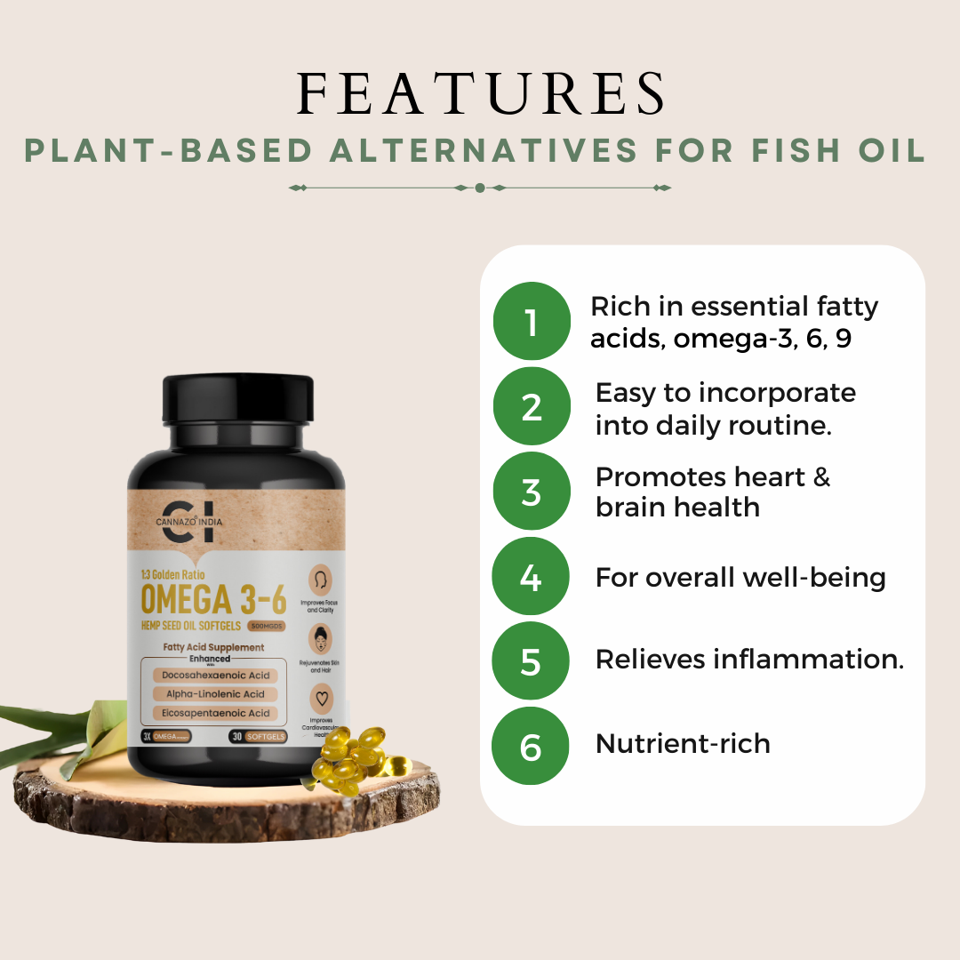 CannazoIndia® Omega-3, 6 | Hemp Seed Oil Softgels - 500mgds - 30 Softgels | Strong Health of Heart Hair Skin | Best Daily Supplement, Rich Source of Vitamins & Amino Acids | 100% Organic Pure Cold Pressed | Plant-Based Alternative to Fish Oil