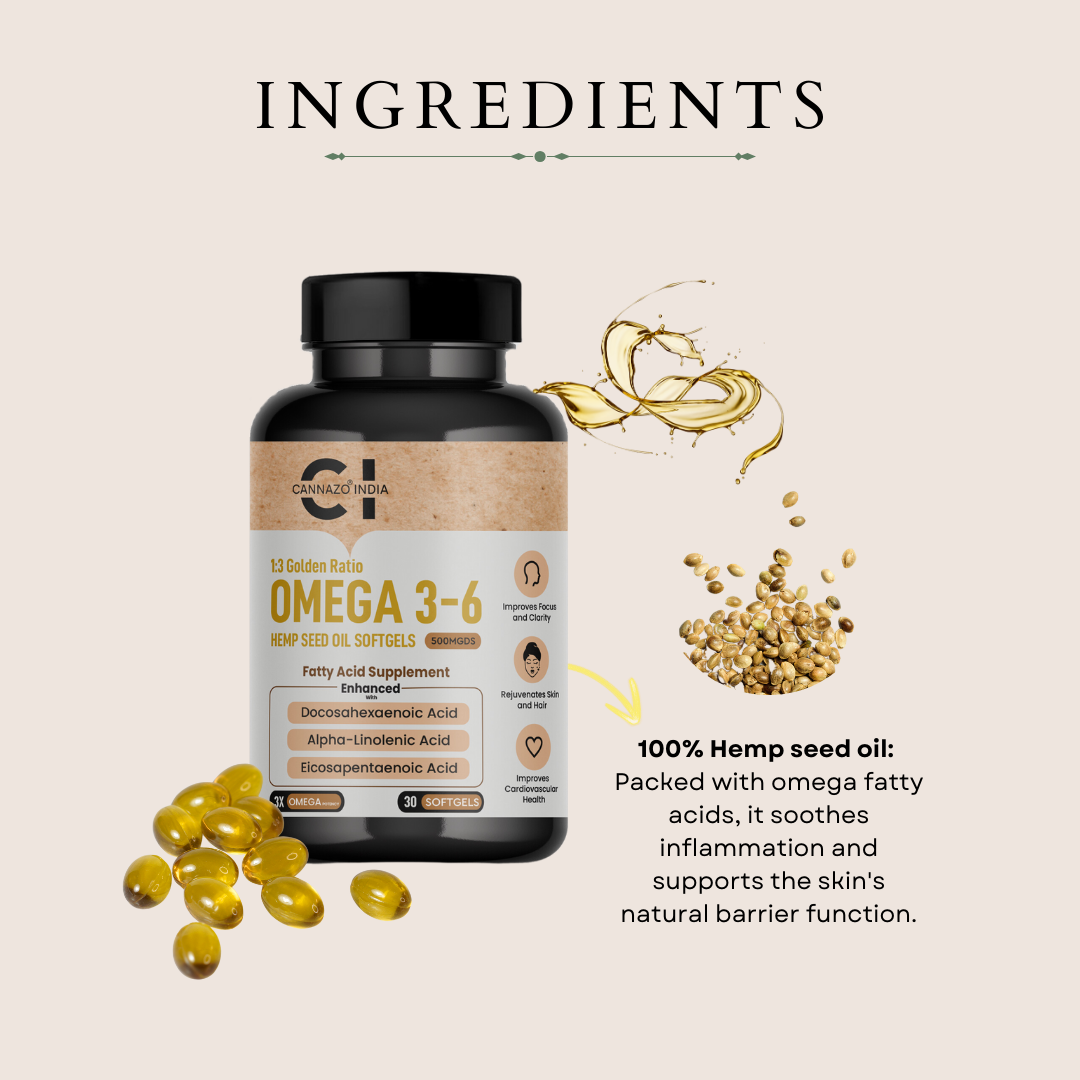 CannazoIndia® Omega-3, 6 | Hemp Seed Oil Softgels - 500mgds - 30 Softgels | Strong Health of Heart Hair Skin | Best Daily Supplement, Rich Source of Vitamins & Amino Acids | 100% Organic Pure Cold Pressed | Plant-Based Alternative to Fish Oil