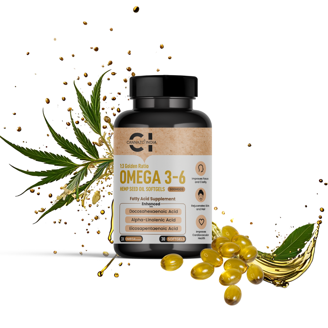 CannazoIndia® Omega-3, 6 | Hemp Seed Oil Softgels - 500mgds - 30 Softgels | Strong Health of Heart Hair Skin | Best Daily Supplement, Rich Source of Vitamins & Amino Acids | 100% Organic Pure Cold Pressed | Plant-Based Alternative to Fish Oil