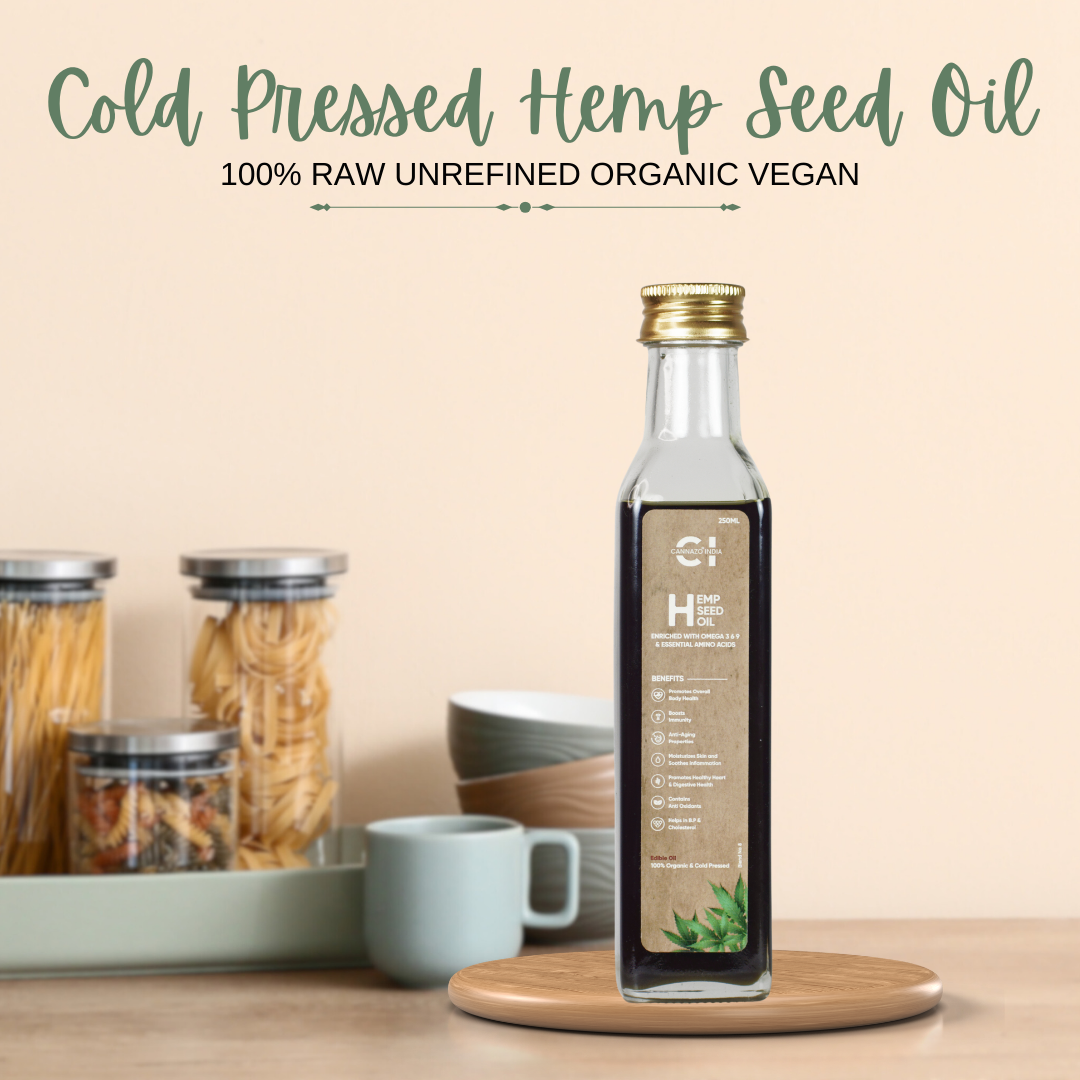 CannazoIndia® 100% Pure Cold Pressed Organic Hemp Seed Oil | 250ml | Omega-3, 6 & 9 Essential Nutrients, Vitamin-E & Amino acid, 3 Fatty acids | For Multipurpose Use Skin Hair