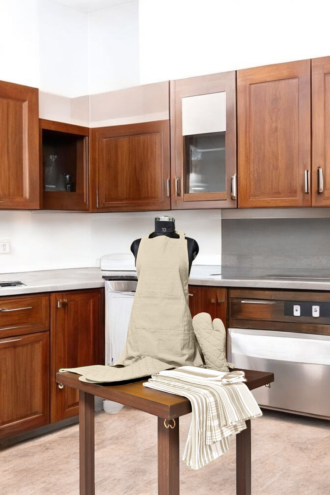 Country Village - Kitchen linen set ( Apron , Mittens , Kitchen towels)