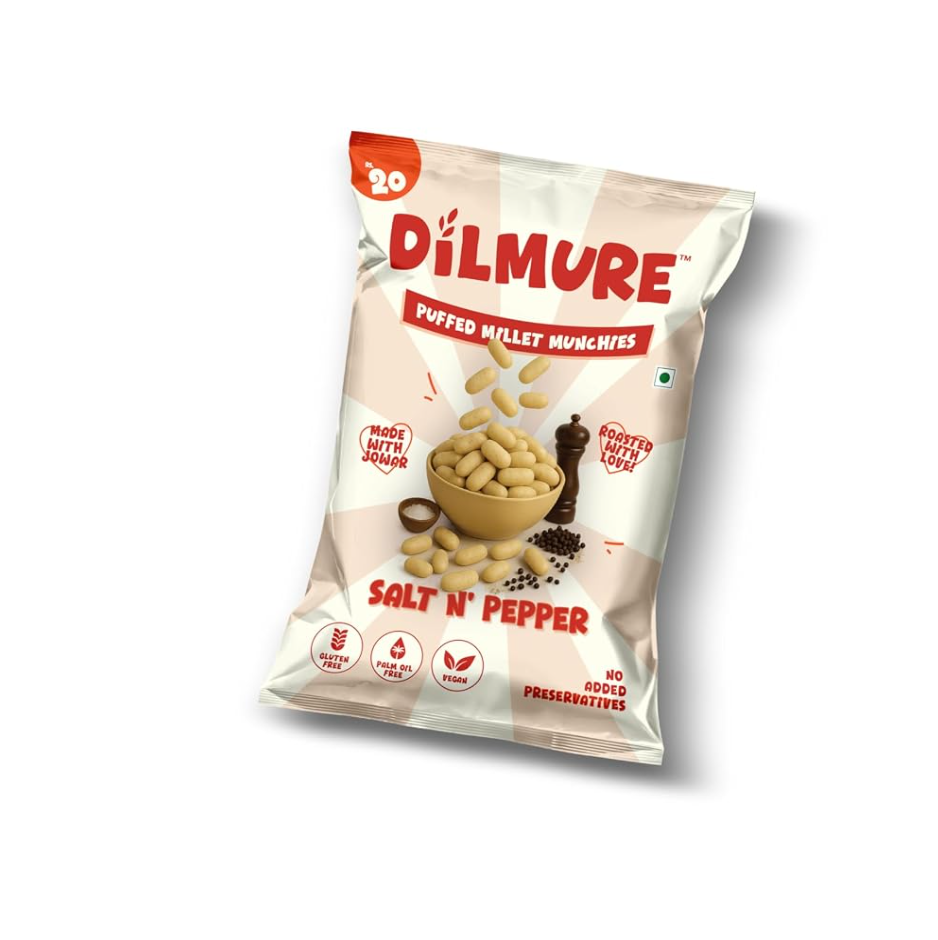 Dilmure Jowar Puffs – Salt N Pepper Millet Munchies 25G | Roasted Not Fried Snacks For Kids & Adults | No Preservatives, No MSG, No Maltodextrin | Palm Oil Free | Zero Cholestrol, Zero Transfat | Healthy Indian Snack (Pack of 15)