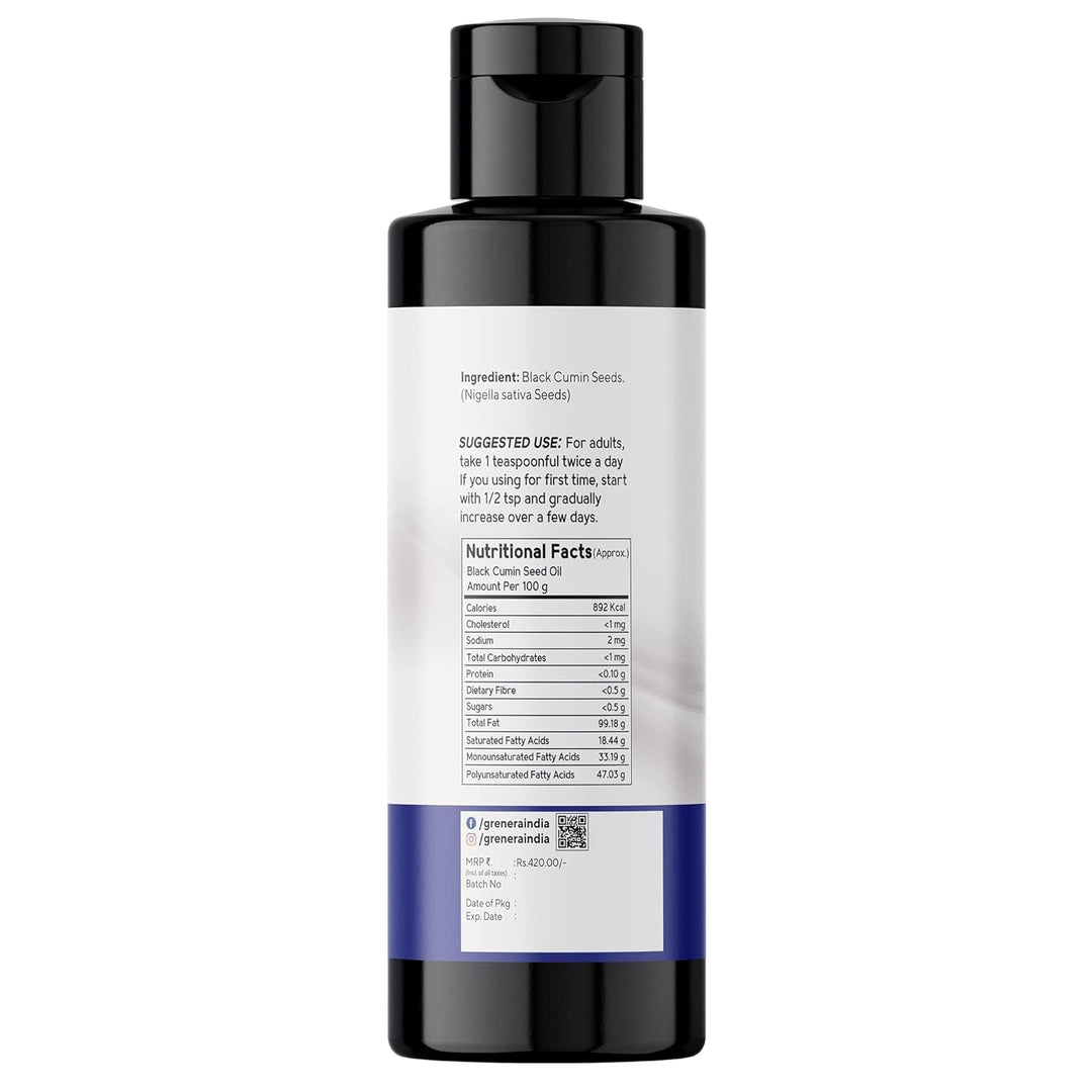Grenera Black Cumin Seed Oil 250 ml, Cold Pressed, Nigella Sativa, Kalonji Oil for Immunity, Skin, Hair