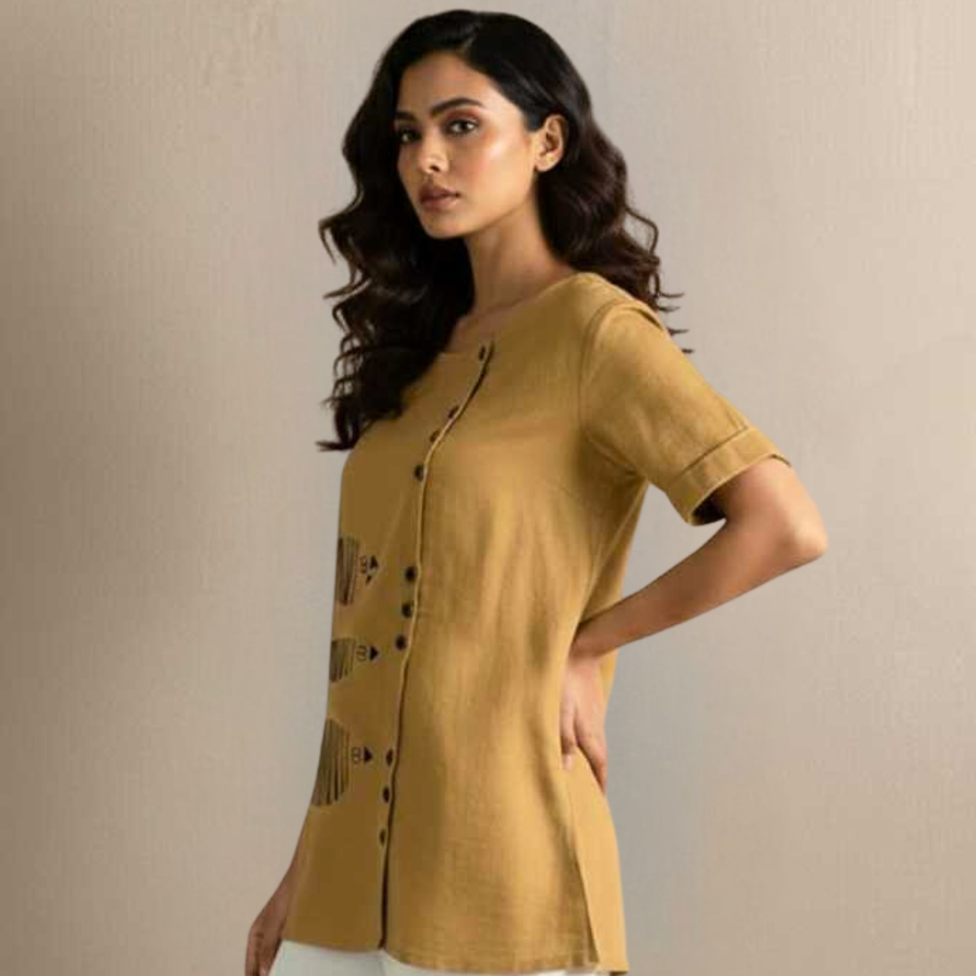 Mustard Slub Cotton Tunic | Hand Painted Fish Motif | Sustainable Wear