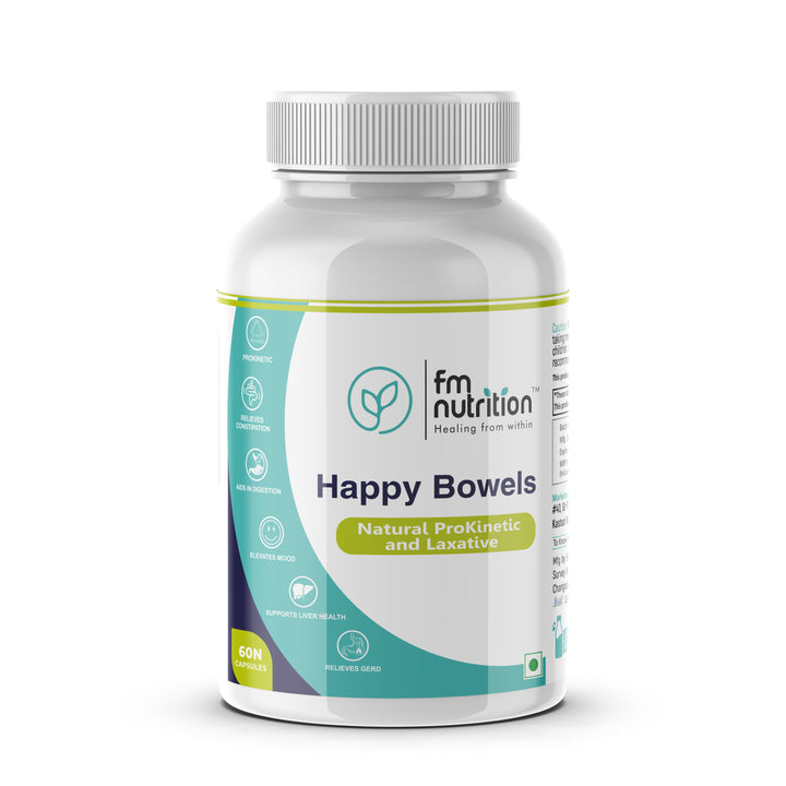 "FM Nutrition Happy Bowels I Natural Prokinetic & laxative I Apple cider vinegar + Ginger extract +Chicory root+Tripahala + L hydroxy tryptophan I Constipation relief I Happy Mood I 60 Capsules"