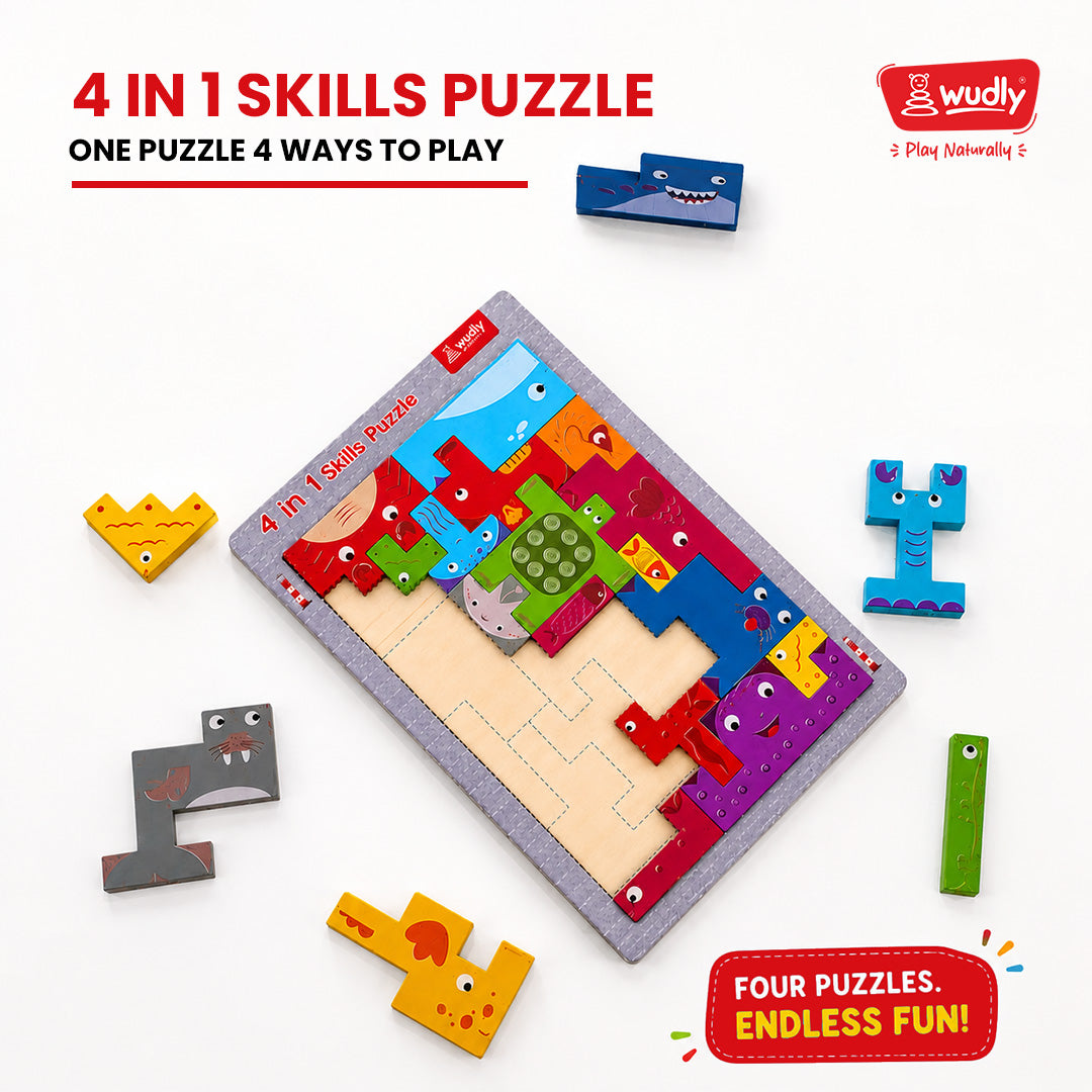 Wudly Toys Wooden 4 in 1 Traffic & Town Puzzle Board | Shape Matching