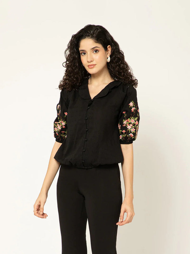 B77 Fiona - Women's Embroidered Organic Cotton Dobby Top - Suspire