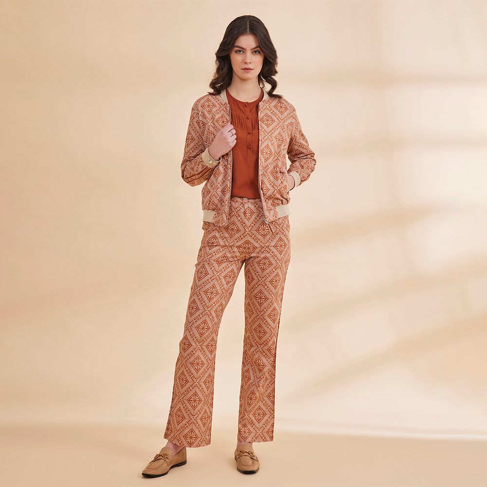B77 NOORAT Burnt Orange Printed Women's Bomber Jacket with Zipper
