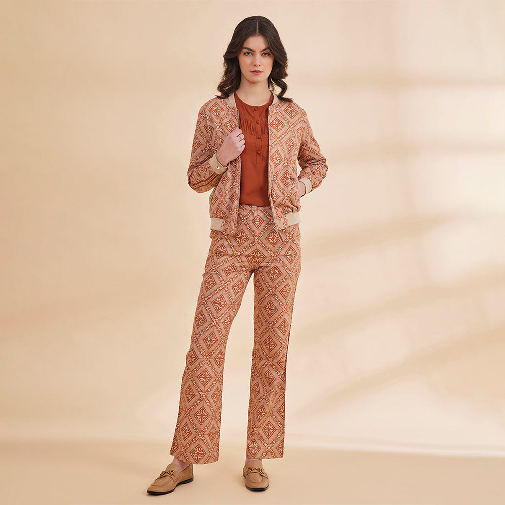 B77 NOORAT Burnt Orange Printed Women's Bomber Jacket with Zipper