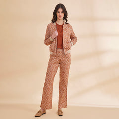 B77 NOORAT Burnt Orange Printed Women's Bomber Jacket with Zipper