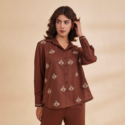 B77 Women's Organic Cotton Linen Embroidered Shirt With Back Slit/Brown