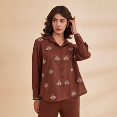 B77 Women's Organic Cotton Linen Embroidered Shirt With Back Slit/Brown