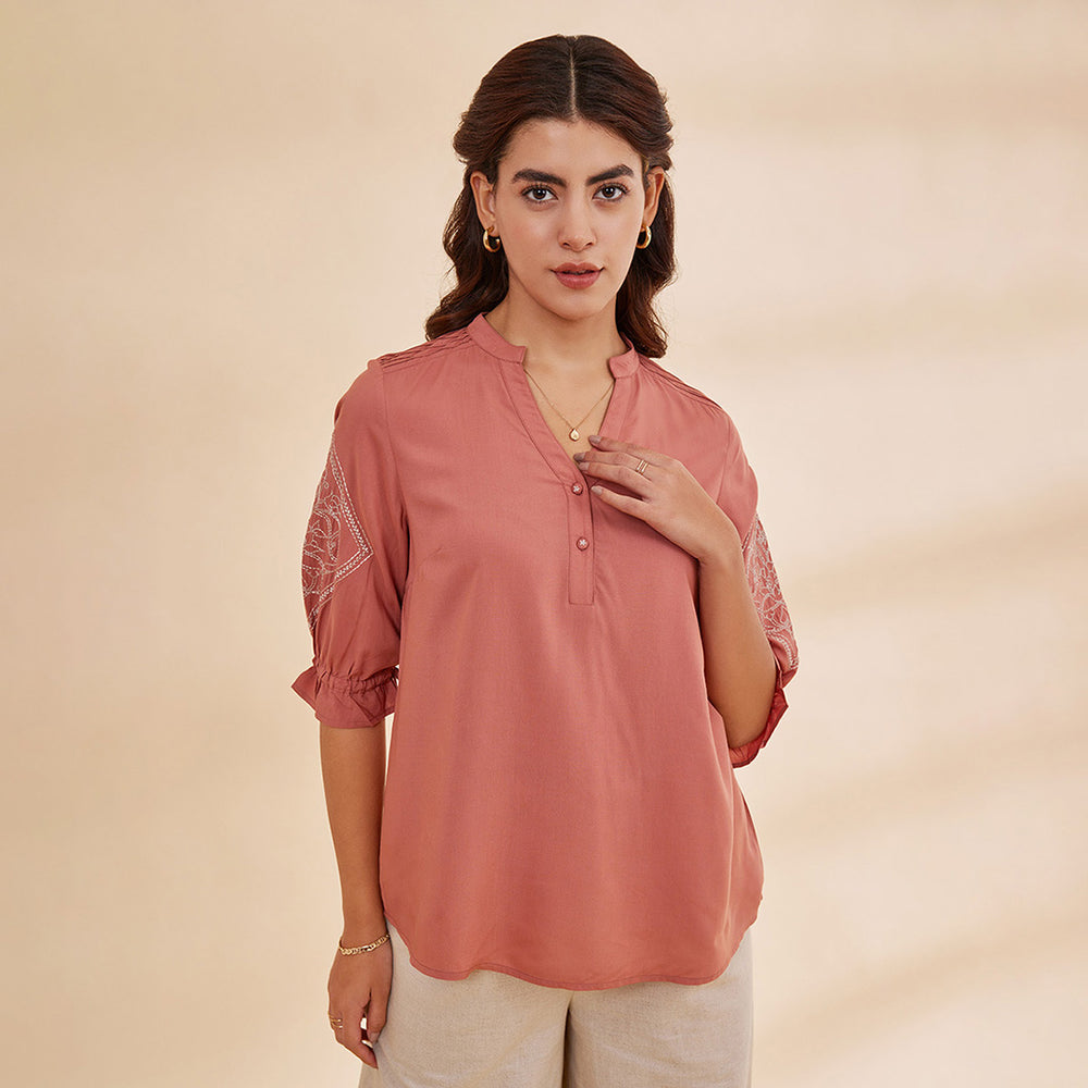 B77 Women's Organic Bamboo Top With Motif Embroidery / Rose Pink