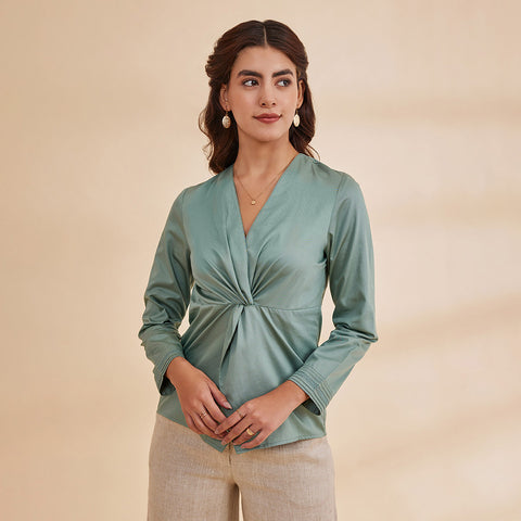 B77 Women's Organic Cotton Satin Wrap Neckline Top