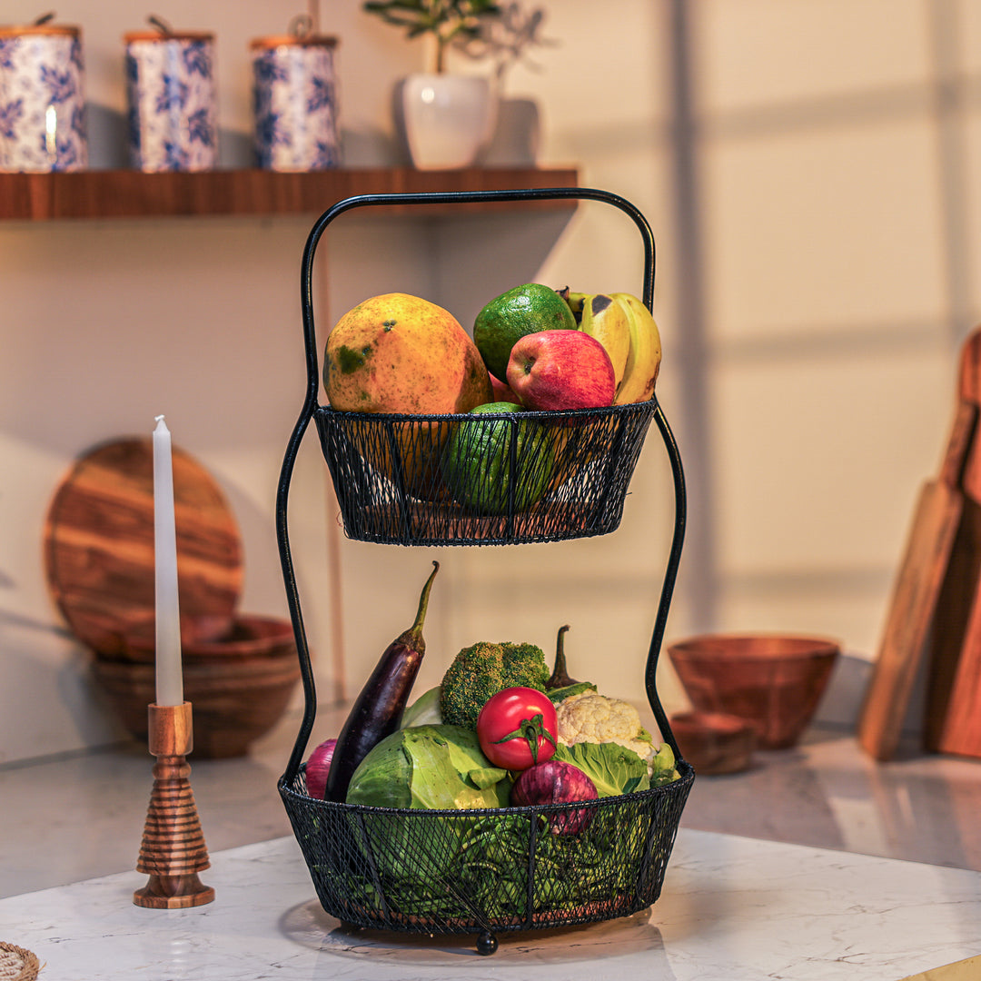 Ireka Homes Nest Basket – Handcrafted Acacia Wood & Metal Storage Basket – Sturdy 2-Tier Organizer for Fruits, Vegetables & Kitchen Essentials