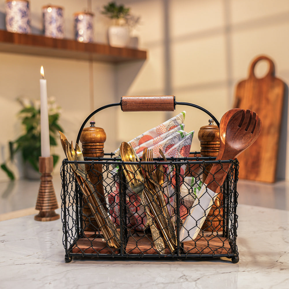 Ireka Homes Arcade Utensils Holder – Handcrafted Iron & Acacia Wood Organizer – Durable Storage Caddy for Bottles, Cutlery, Napkins & Kitchen Essentials