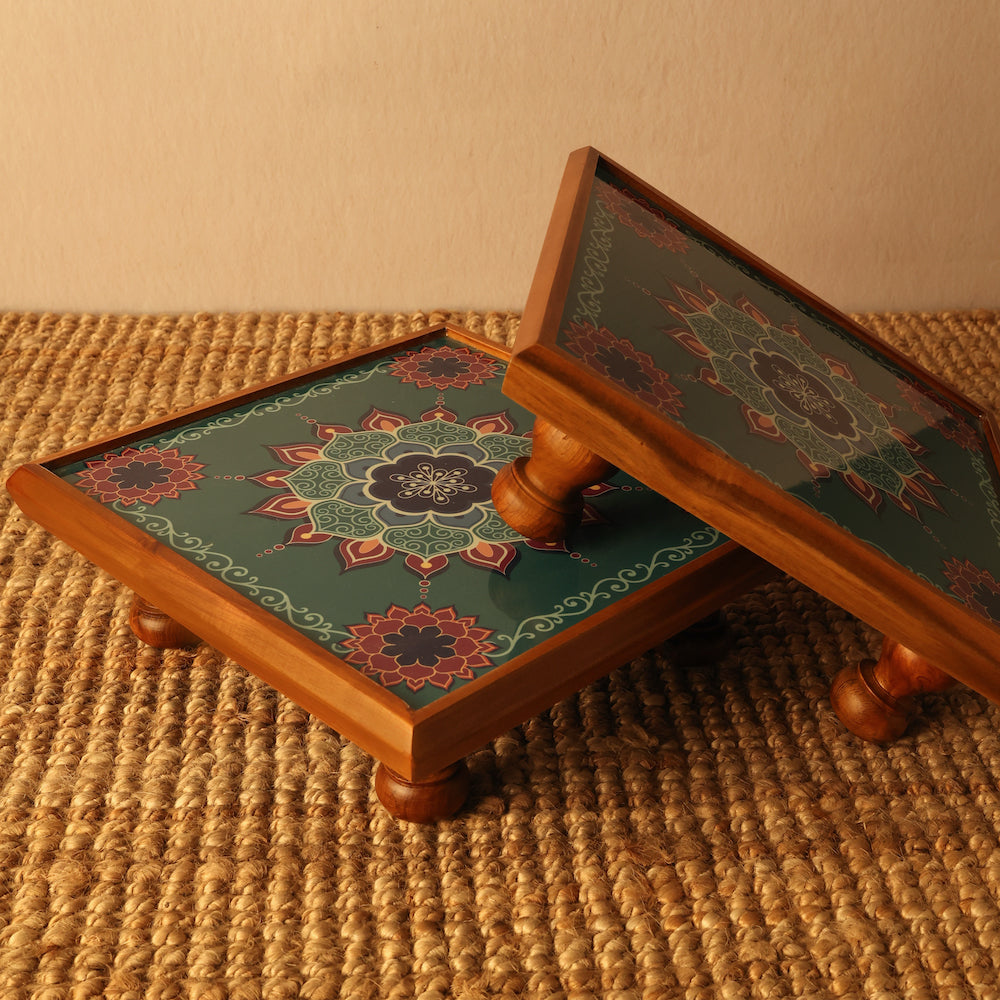 BambaiSe Bajot Medium Aquamarine Mandala | Teak Wood | 11" x 11"