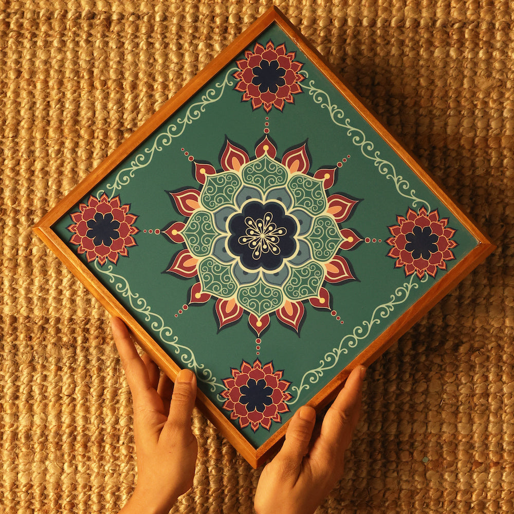 BambaiSe Bajot Medium Aquamarine Mandala | Teak Wood | 11" x 11"
