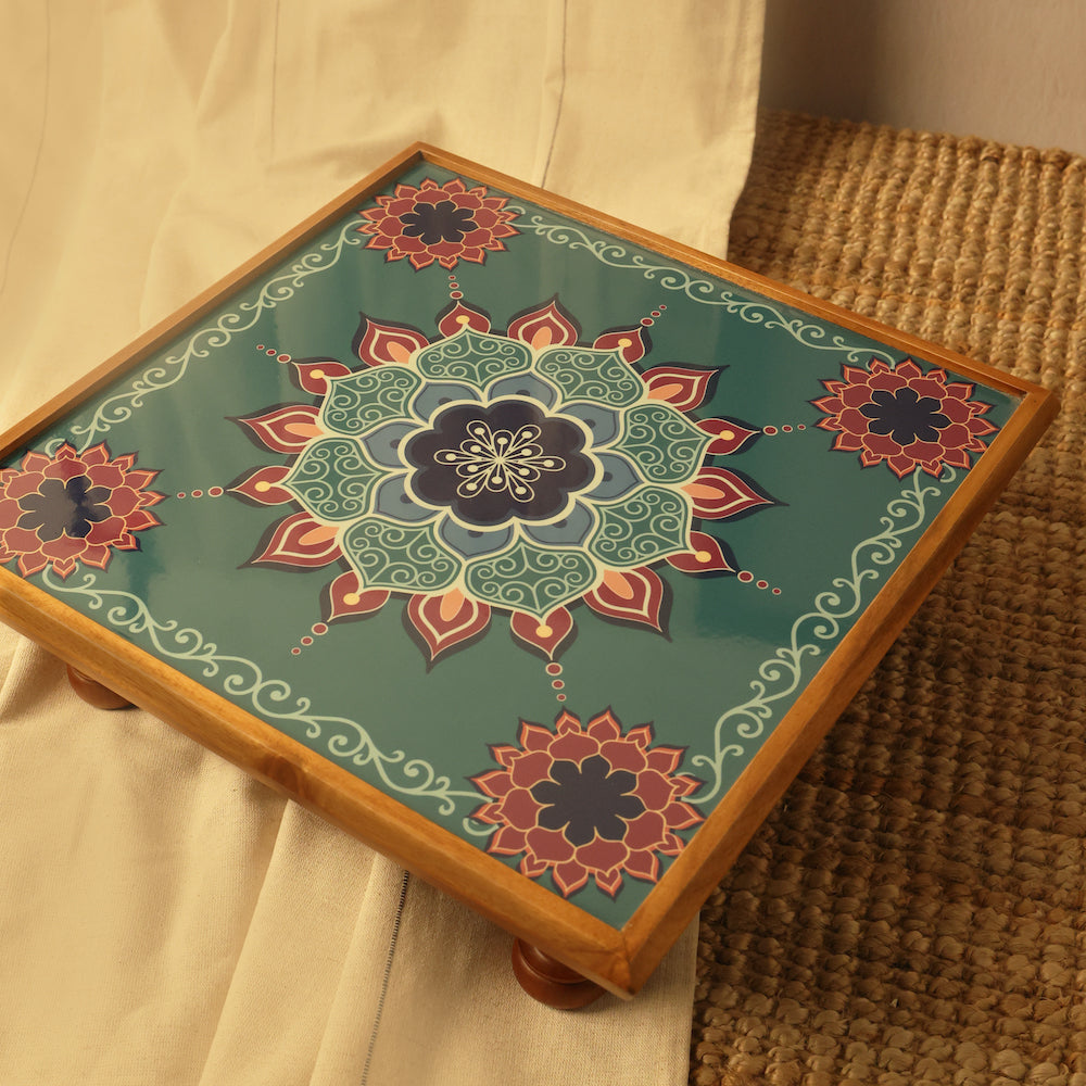 BambaiSe Bajot Medium Aquamarine Mandala | Teak Wood | 11" x 11"