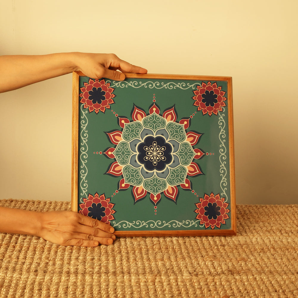 BambaiSe Bajot Medium Aquamarine Mandala | Teak Wood | 11" x 11"