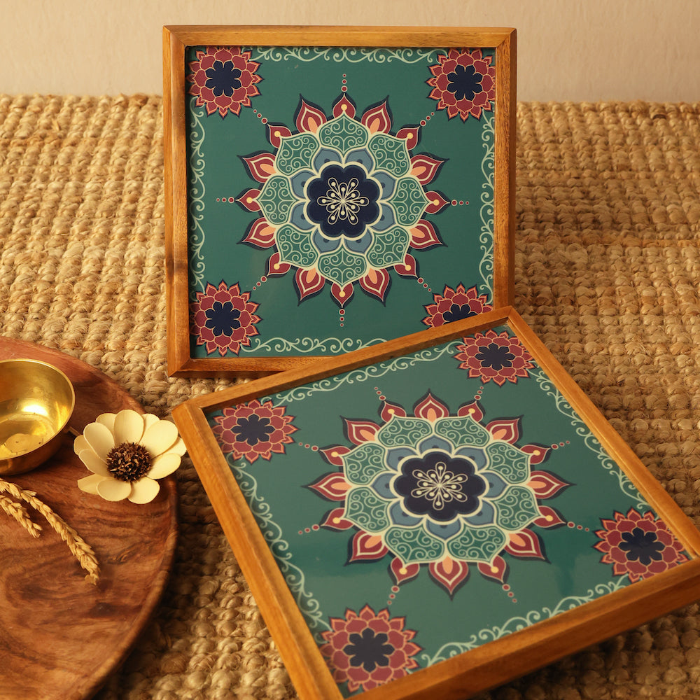 BambaiSe Compact Bajot Aquamarine Mandala | Teak Wood | 8" x 8"