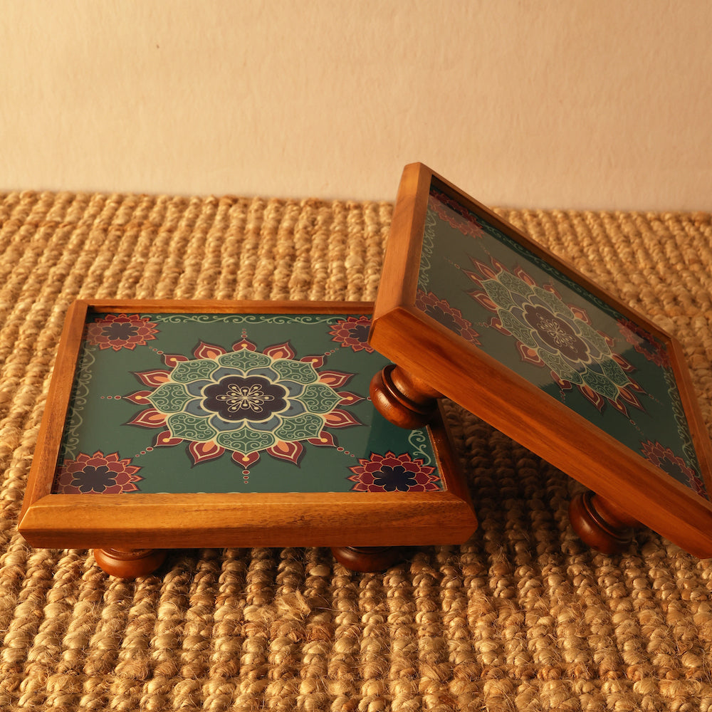 BambaiSe Compact Bajot Aquamarine Mandala | Teak Wood | 8" x 8"