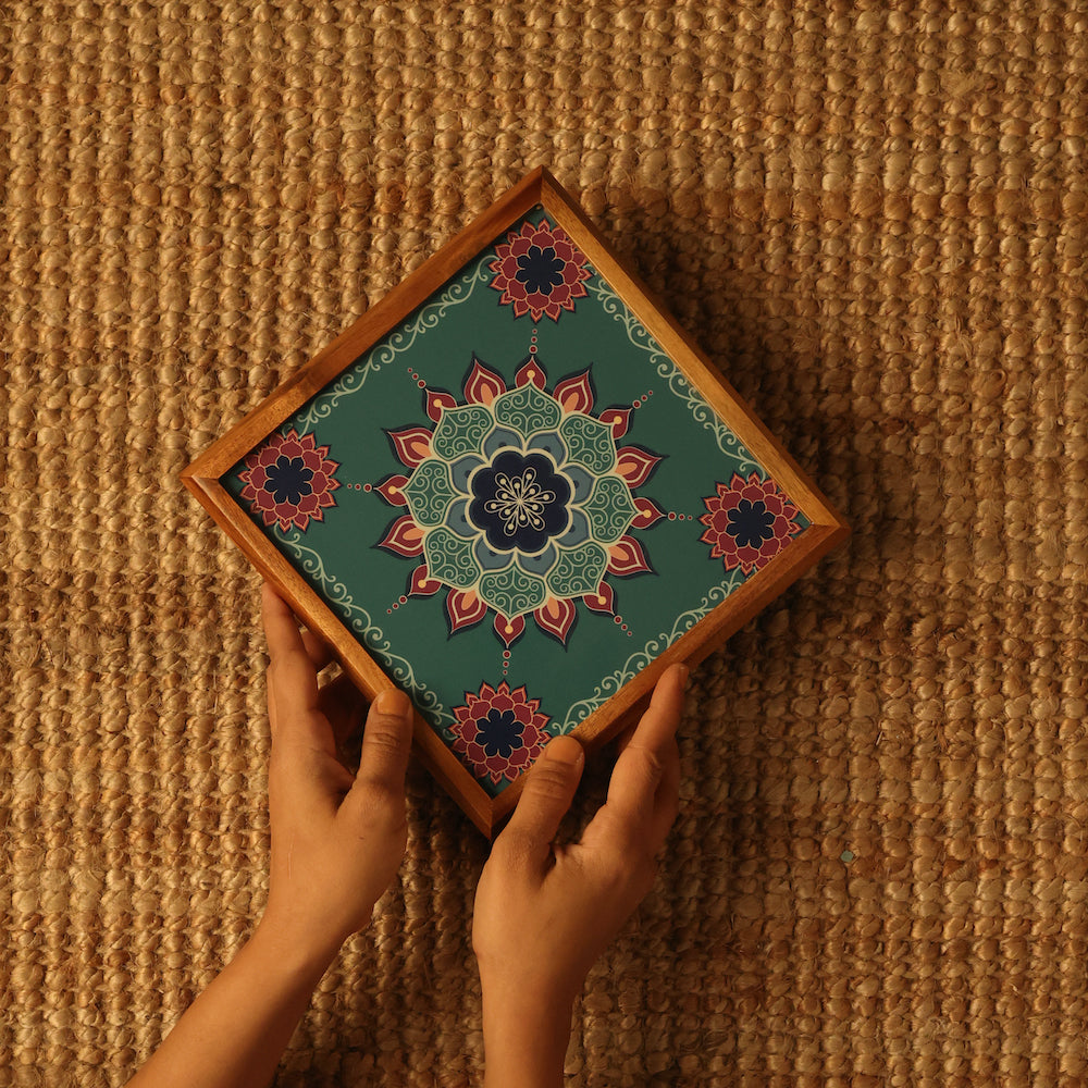 BambaiSe Compact Bajot Aquamarine Mandala | Teak Wood | 8" x 8"