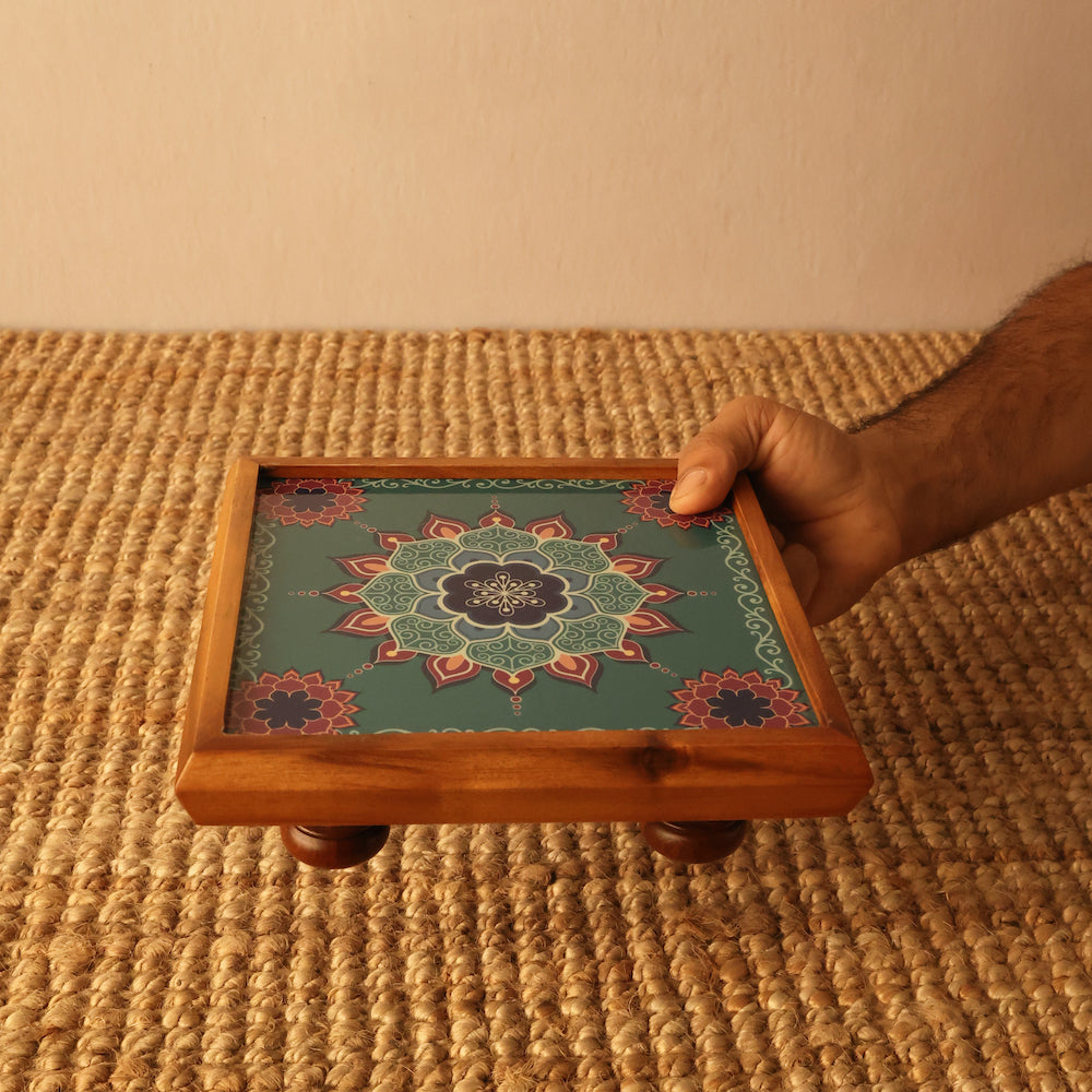 BambaiSe Compact Bajot Aquamarine Mandala | Teak Wood | 8" x 8"