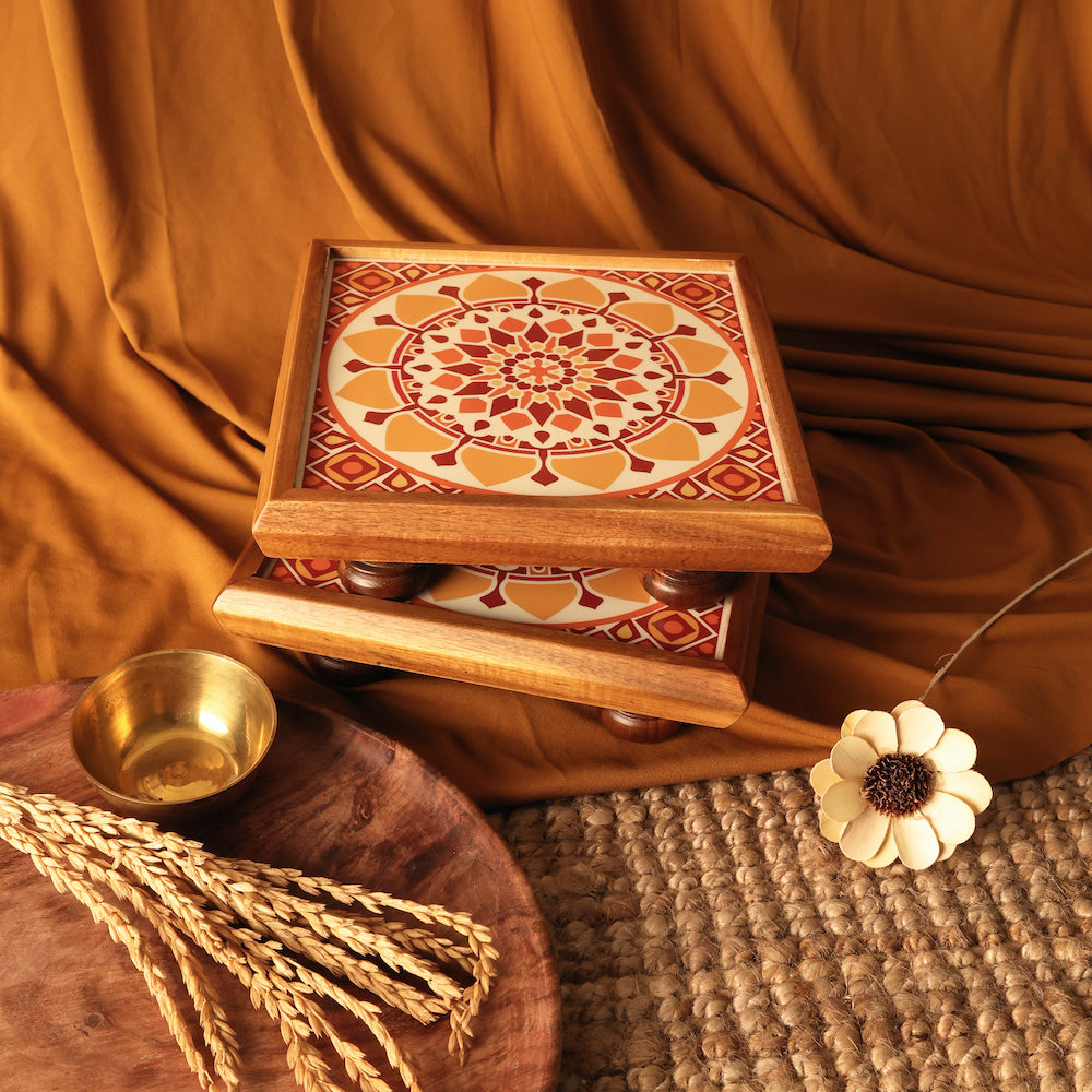 BambaiSe Compact Bajot Sunshine Mandala | Teak Wood | 8" x 8''