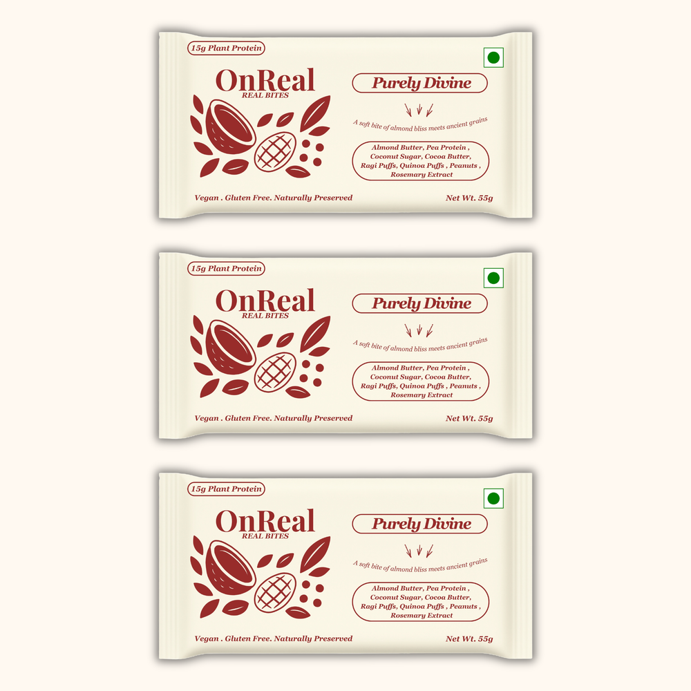 OnReal Purely Divine Plant-Based Protein Bars | 15g Protein | No Refined Sugar | High Fiber | Almond Butter | Made with Ragi & Quinoa Puffs | Vegan, Gluten-Free | Clean Label Snack